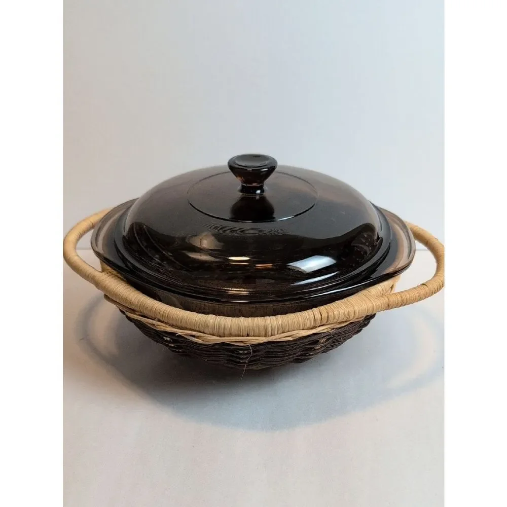 Vintage Pyrex Visions Amber Glass Covered Casserole with Woven Basket Carrier